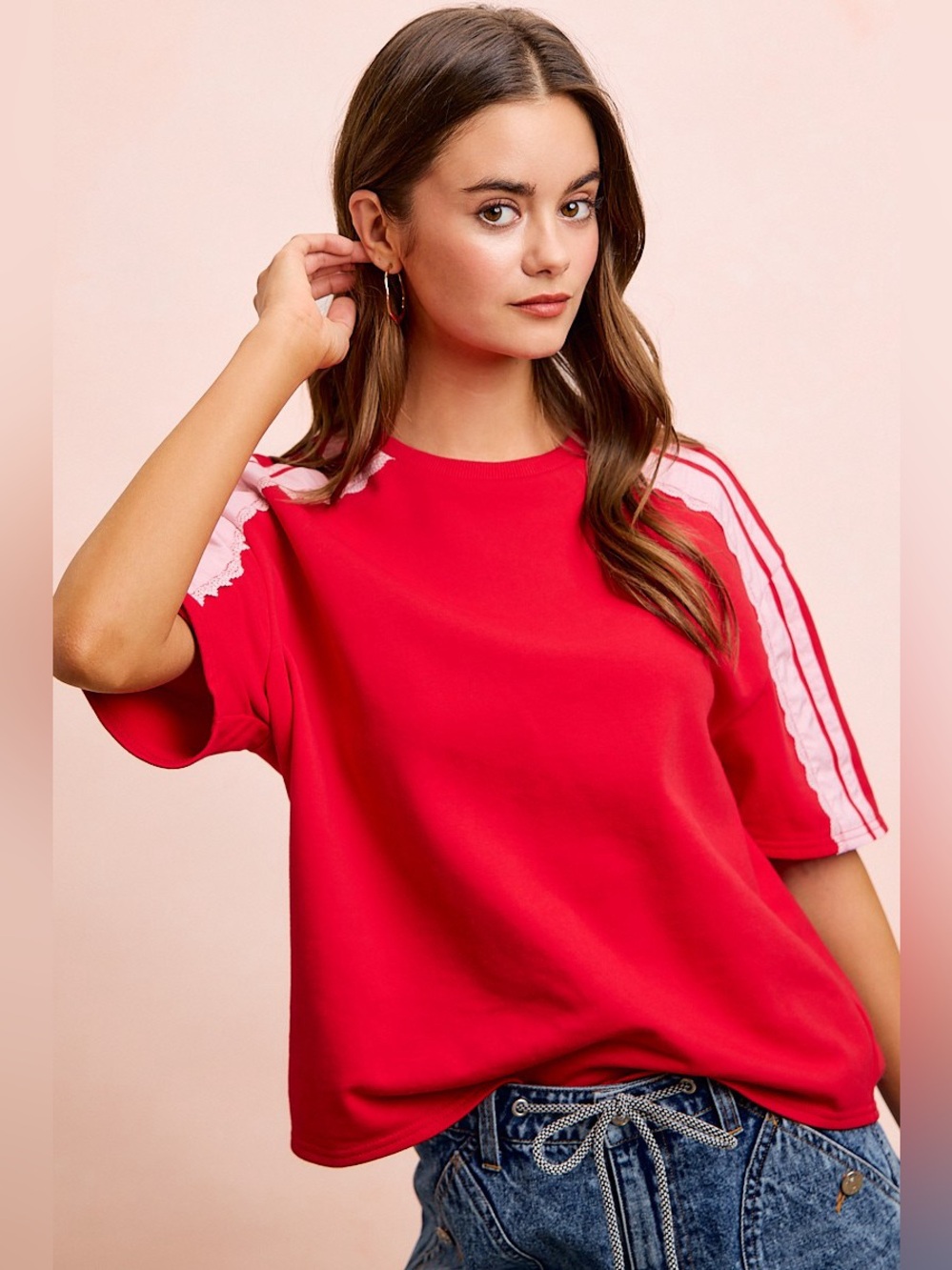 BiBi French Terry Side Lace Detail Short Sleeves Top - Picture 12 of 15